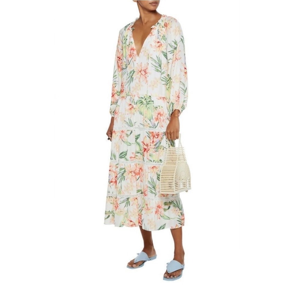 Alice + Olivia Layla Hibiscus Floral TieredMidi Dress XS Tropical Cottage Resort